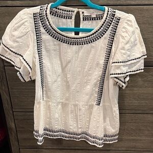 Loft Blouse Size Small Petite White with Black embroidery NWOT